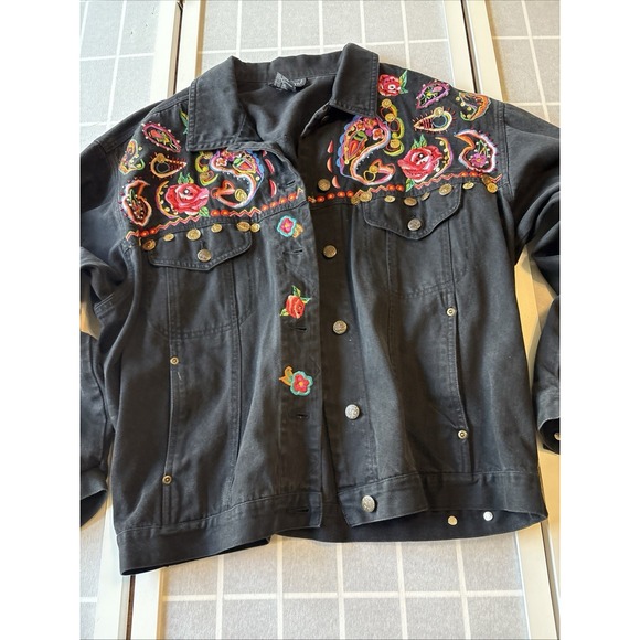 Womens Black Floral Boho Maximalist Dopamine Western Embroidered Denim Coat Sz14 - Picture 2 of 14